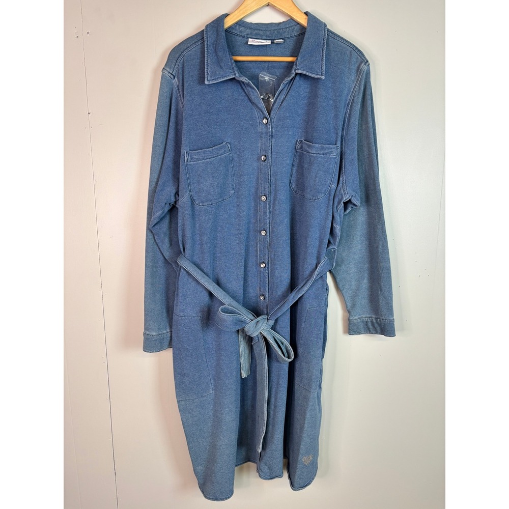 Quacker Factory Shirt Dress 2X Blue DreamJeannes Belted Stretch Denim Knit Women